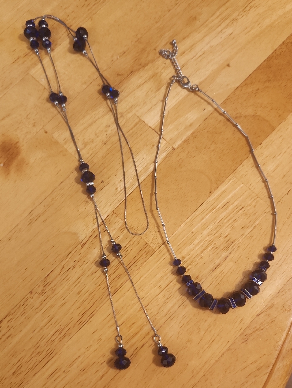 Set Of 2 Silver Necklace Set with Dark Blue Beads - Women Jewelry